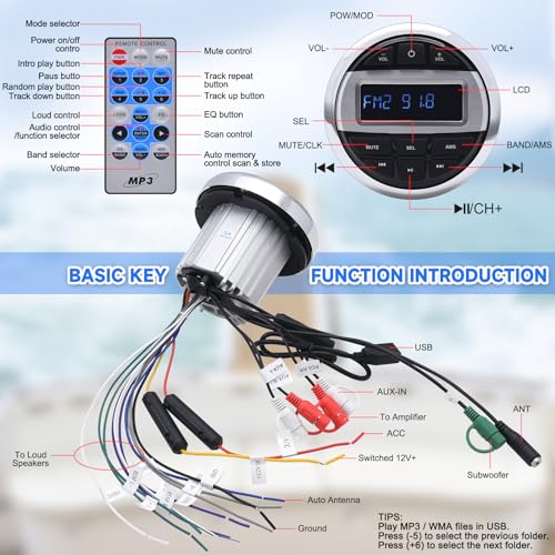 Image of Geloo Marine Stereo Receiver Boat Stereo Radio System-Digital Media MP3 Player, Waterproof Boat Audio Receiver, Wireless Connection, USB, AM /FM Radio Receiver for Motorcycle Boat Golf Cart Truck