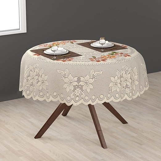 Dakshya Industries Polycotton 40 Inch Round 2 Seater Center Table Cover Floral Design Table Cloth (Beige)-image-29