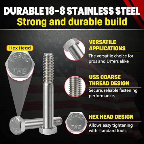 Image of Stainless 7 /16-14 x 3 inch Hex Head Bolts (3 /4 inch to 5 inch Lengths Available in Listing), 304 Stainless Steel, 10 Pieces (7 /16-14 x 3 inch)