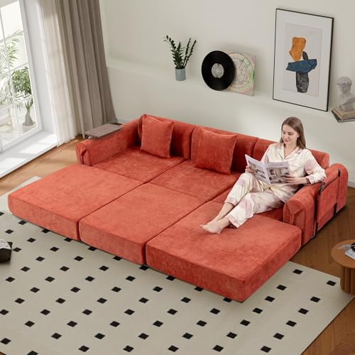 Image of 100 inch Convertible Sofa Bed, 5-in-1 Modular Sectional Cloud Couch with Fixed-Shape Frame & Storage Pocket, No Assembly Required Boneless Sleeper Sofa for Living Room, Chenille Orange
