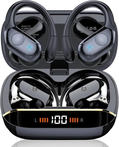 Qecnato Wireless Earbuds Bluetooth 5.4 Headphones 75H Stereo Deep Bass Sports Over Ear Buds with Earhooks, LED Display Bluetooth Earbuds with 4 ENC Mic, IP7 Waterproof Earphone for Running