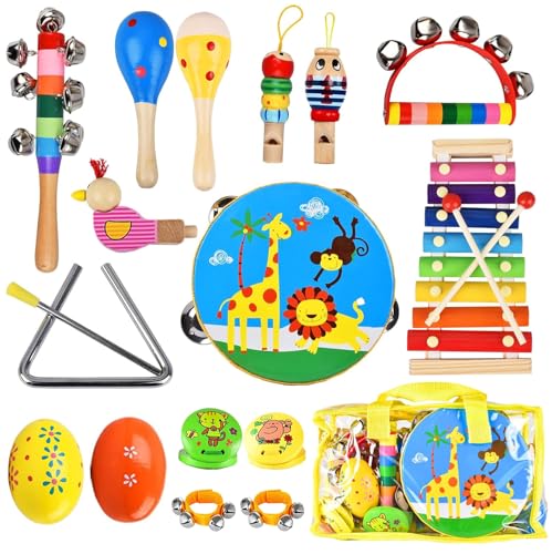 Kids Musical Instruments Set, 20 Pcs Toddler Wooden Percussion Instruments for Baby Children with Tambourine Xylophone Maracas, Preschool Musical Toys Set for Boys and Girls with Carrying Bag