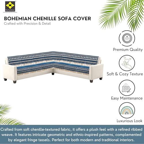 Image of Elegant Woven Turquoise Sofa Cover - Soft Chenille Traditional Pattern with Lace Style | L-Shape Sectional Seat Protector for Living Room | Durable & Stylish Slipcover 6 Seater L Shape