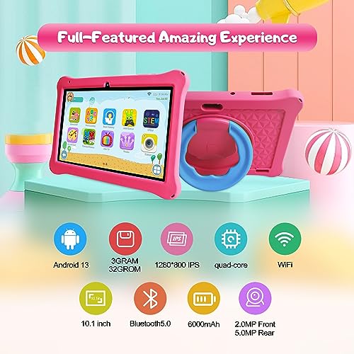 ATMPC Kids Tablet 10 inch Android 13 Tablet for Kids, 3GB RAM+32GB ROM Toddler Tablet with 6000mAh Battery IPS HD Display Support WiFi Bluetooth Parental Control Kids Learing Tablet with Pink Case - Thumbnail 2