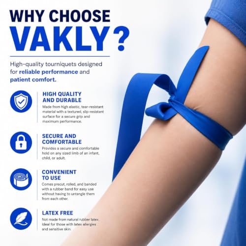Image of Vakly Disposable Tourniquet 1 x 18, Blue, Latex-Free, 250 Pack | Tear-resistant elastic, Rolled & banded, Single-use, First aid, Emergency & home care, Nursing supplies