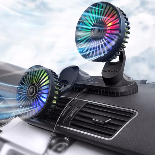KUWUNG Car Fan Dual-Head 12V/24V, Car Fans Cooling Double Head, Portable Vehicle Mounted USB 360 Degree Rotation Auto Desk Fan Campervan With 3 Speed Strong Wind For Dashboard Home Office