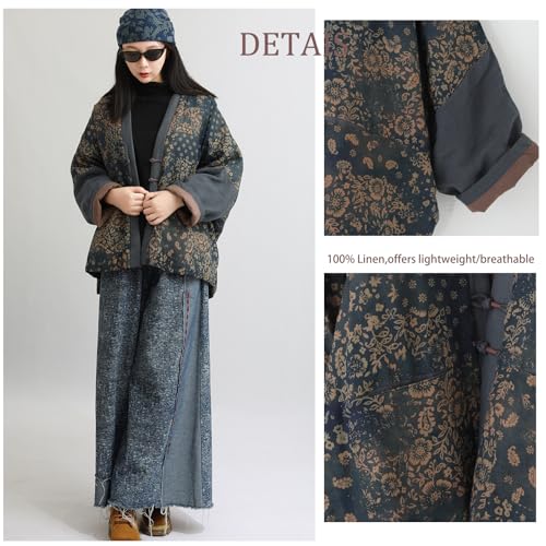 LUZU JUNU Women\'s Printed Quilted Coats Casual Vintage Cardigan Bohemia Long Jacket Fall Winter Button Outwear(One Size, Blue Jacket)