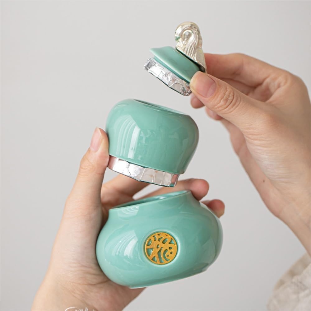 SONGCHAO Sugar Jar Celadon Gourd Tea Storage Jar Office Home Ceramic Sealed Portable Travel Small Creative Box Tea Canister(B)