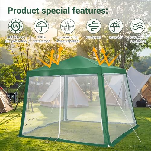 10x10ft Pop-Up Canopy, Pop Up Commercial Gazebo Tent, Outdoor Waterproof Screen Tent with Mesh Mosquito Netting Side Walls for Parties, Camping, Green by Towallmark - Used condition - Image 5
