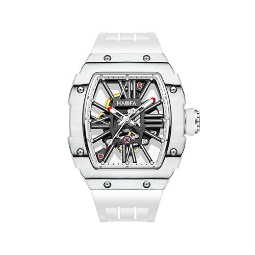 Haofa 腕時計 メンズ 自動巻き スケルトン 炭素繊維ケース 機械式時計 防水 スポーツ ラグジュアリー ファッション カジュアル ウォッチ 樽型 トノー型 シリコンバンド 紳士 ビジネス ファッション