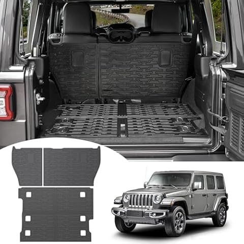 Utiiy Cargo Liner with Seat Back Cover fit for 2018-2024 Jeep Wrangler JL 4 Door Without Subwoofer Rear Cargo Mat TPE Trunk Floor Mat for Wrangler Accessories(Cargo Mat+Backrest Mats, W/O Folding Lip) Cover