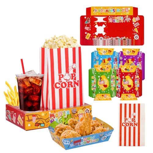 HAPYPATY Movie Night Snack Tray with Popcorn Bags and Food Trays, Movie Night Supplies Kit, Outdoor Movie Night Box for Movie Theater Family Birthday Party - 61Pcs/Pack
