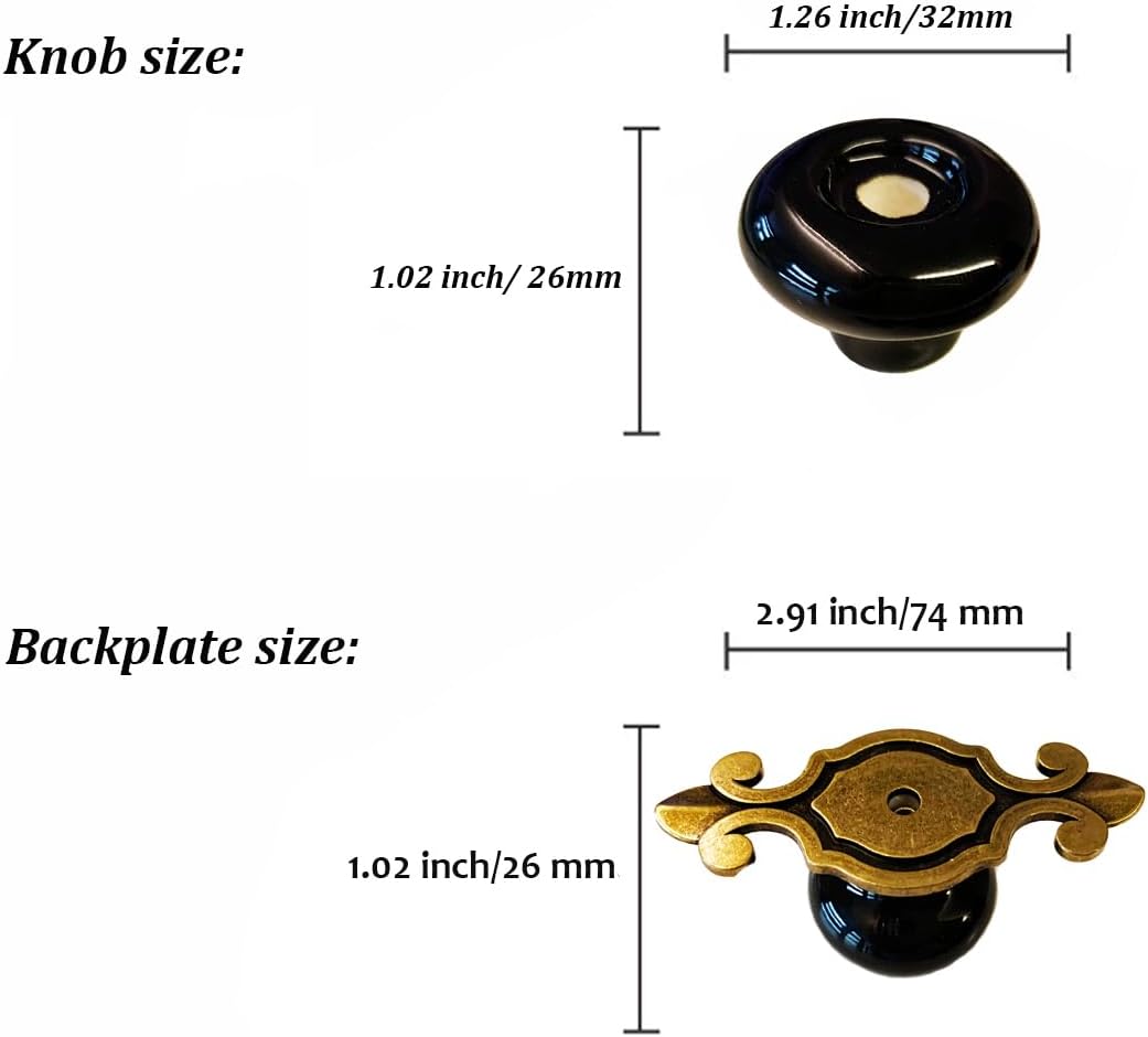 Vintage Ceramic Cabinet Knobs, [6 Pack] Antique Drawer Knobs with Backplate, Black Retro Mushroom Shape Knobs for Cabinets/Dressers/Drawer, Black