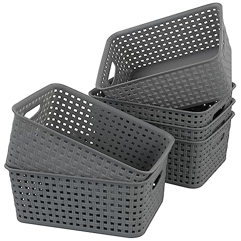Wekioger 6-Pack Plastic Storage Baskets, Gray Pantry Storage Basket Bin Cover