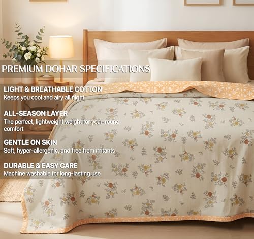 Image of HOMEKART Luxury Cotton Dohar Blanket for Double Bed | Ultra Soft Reversible AC Quilt | Floral Printed Lightweight Summer Blanket | 88x85 Inches (Mustard Blossom)