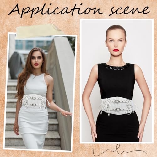 White Corset Belt Lace Up Faux Leather Wide Elastic Waist Belts Vintage Medieval Around Obi Trendy Waistband with Alloy Buckle Loosens Bulk for Women Dress Shirts Clothes Costume Accessories4