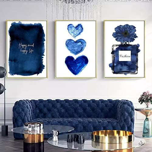 Perfume Fashion Wall Art Blue Heart Painting Perfume Canvas Wall Art Blue Fashion Pictures Navy Blue and White Painting Fashion Wall Art Prints Flower Perfume Wall Art for Living Room 16x24inx3 No Frame