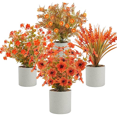 unlemoni 4 Pack Artificial Fall Flowers Autumn Potted Plants Fake Small Plants for Fall Table Centerpieces Thanksgiving Home Tabletop Office Bathroom Farmhouse Thanksgiving Decorations (Orange)