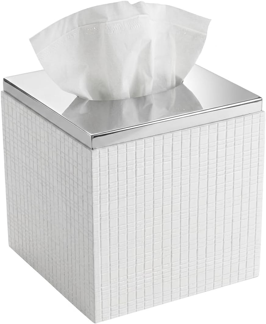 Estella White Square Resin Tissue Box Cover with Silver Top