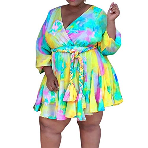 IyMoo Women’s Plus Size Cute Shift Dress Belted Ruffle Wrap V Neck Swing Tunic Mini Dress Yellow 4XL