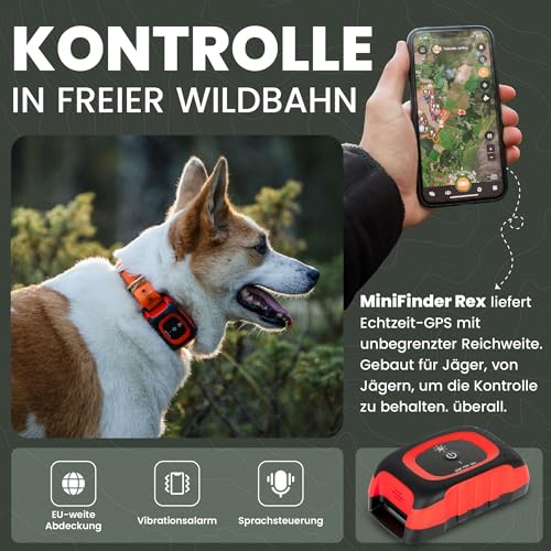 MiniFinder Rex Hundetracker – Intelligentes, wasserdichtes Hundehalsband mit LED-Licht, Bellanzeige, App & Echtzeit-Ortung – Robuster GPS-Tracker für Jagdhunde mit weltweiter Reichweite