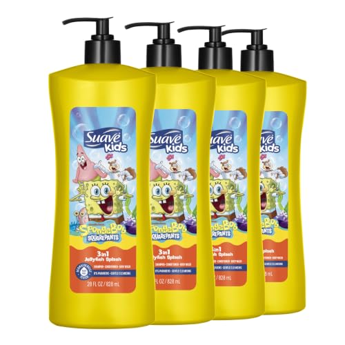 Suave Kids SpongeBob SquarePants 3-in-1 Kids Shampoo and Body Wash Conditioner JellyFish Splash Scent Tear-Free & Gentle Dermatologist Tested 28 fl oz Pump 4 Count