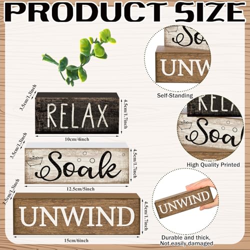 Image of Moucuny 4 Pcs Bathroom Shelf Decor Sign Farmhouse Bathroom Decor and Accessories Rustic Eucalyptus Leaves Wood Block Sign Gift Relax Soak Unwind Farmhouse Table Centerpiece for Home Toilet