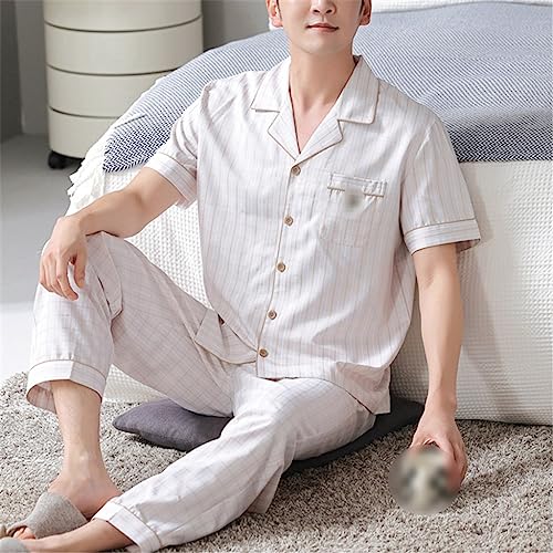 Pyjama court pour homme en coton fin ensemble de nuit deux pièces clair TXQHD - 3