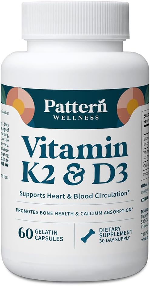 - Pattern Wellness Vitamin K2 & D3 Supplement with Calcium – Bone Health, Circulatory Wellness & Immune Support - Non-GMO - 60 Capsules
