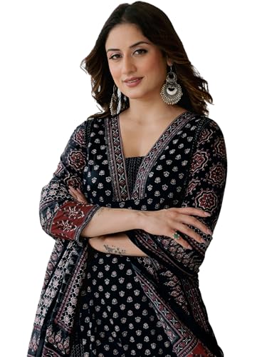Image of Arayna Women's 100% Pure Cotton Printed Ethnic Suit | A-Line Kurta Set with Pant & Dupatta