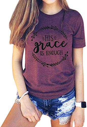 His Grace Is Enough T Shirt Women Christian Graphic Tees Letter Print Short Sleeve Casual Tops Jesus Faith T-Shirt (L, Burgundy) #TOP2