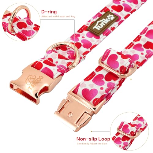Image of Tunkoo Valentine's Day Dog Collar with Bow Tie - Adjustable and Adorable Pet Collar - Red Hearts with Rose Gold Buckle for Large Medium Small Dog Walking, S