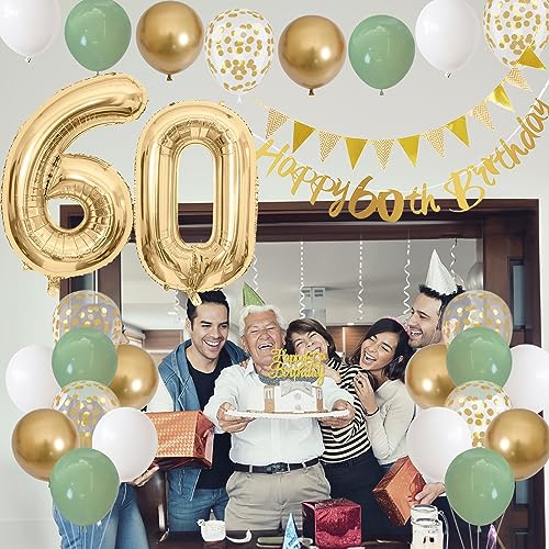 Image of 60th Birthday Decorations for Men Women, Sage Green White Gold Balloons With Happy 60th Banner, Cake Topper, Number 60 Foil Balloon for 60 Year Old Party Decoration
