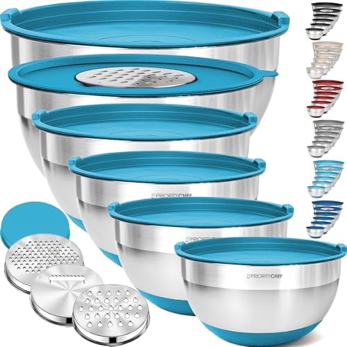 Priority Chef 6Pc Large Mixing Bowls with Lids Set with Non-Slip Bases, Stainless Steel Mixing Bowl Set, 6 Airtight Lids and 3 Graters, Serving Nesting Metal Bowl Set, Turquoise