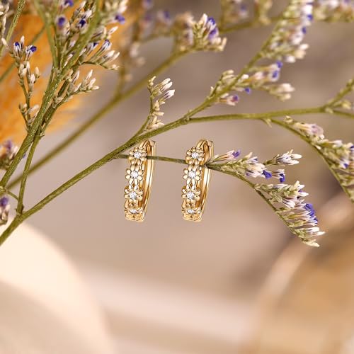 Milacolato S925 Sterling Silver Daisy Small Hoop Earrings For Women: Flower Huggie Earrings 14K Gold Plated Small Floral Hoop Earrings Rainbow Cubic Zircon Hypoallergenic Jewelry Gifts For Sensitive Ears thumb #4