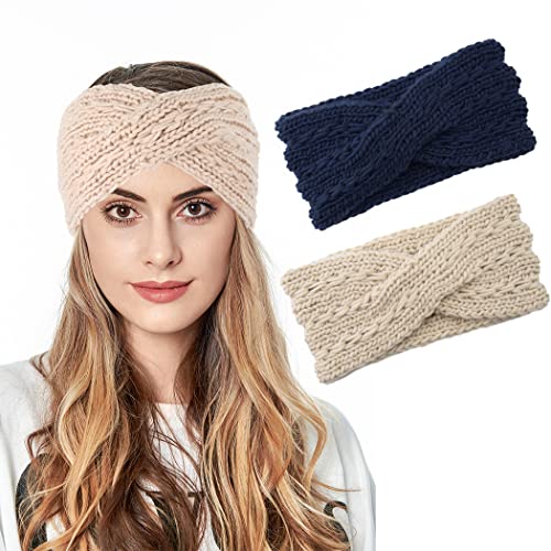 Fashband Winter Stricken Stirnbänder Twist Ohrwärmer Haarband Häkeln geflochtene Turban Haarschmuck für Frauen und Mädchen (2er Pack)(Marineblau)