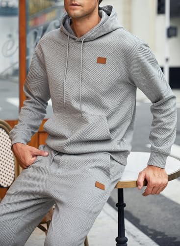 Elegancity Herren Jogginganzug Set Casual 2-Teiliger Trainingsanzug mit Kapuzenpullover und Herren Jogginghose Casual Sportanzug Pullover Hoodie Laufanzug mit Strukturmuster，Grau XXL