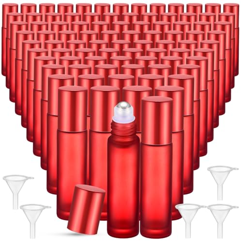Image of Sumind 150 Pcs Frosted Glass Roller Bottles 10 ml, Frosted Red, 10 ml