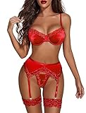 Avidlove Lingerie for Women Underwire Bra and Panty Sets 5 PCS Satin Lace Lingerie Set with Garter Belts Red