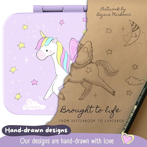 Image of BEARFOOT Kids Lunch Box with Compartments - Compact & Lightweight | Leak-Proof, BPA-Free, Dishwasher Safe | Hand-Drawn Design for Preschool, School, Travel (Unicorn Purple, 2.75 Cups)
