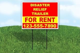 Disaster Relief Trailer For Rent Red Yellow Customizable Yard Sign Double Sided 18 in. x 24 in. with Stand | Add Phone Number Email Business Name or Personalized Message | Outdoor Weatherproof Property Sign | Custom Road Display | Qty 50