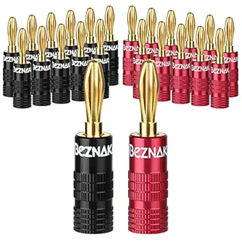 Banana Plugs with Dual Set Screws, Black and Red Aluminum Shell, 12 Pairs/24 Pcs
