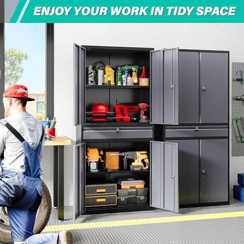 Image of Metal Storage Cabinet with Doors and Shelves,Garage Storage Cabinets with Lock and Drawer,Metal Cabinet with Locking Doors,4 Door Steel Cabinet,71 inch Tall Lockable Cabinets for Garage,Home,Office