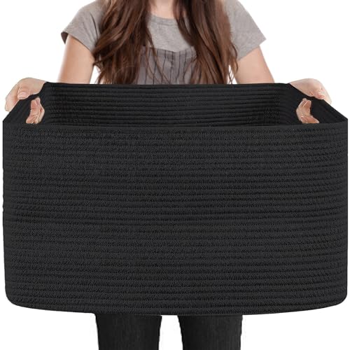 Image of MEGASKET Extra Large Rectangle Storage Basket, 23.6" x 17" x 12" Black Blanket Basket Living Room, Big Cotton Rope Shoe Blanket Storage Bin, Woven Kids Dog Toy Bin Box Organizer, Wicker Laundry Basket