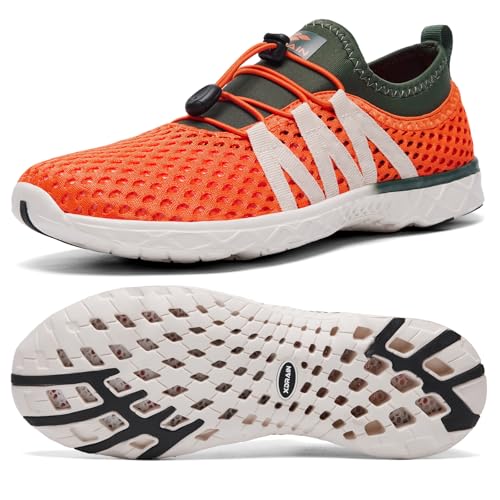 ALEADER Xdrain Stylish Water Shoes for Men Mesh Lightweight Casula Tennis Walking Shoes Army Green/Orange Size 9 US