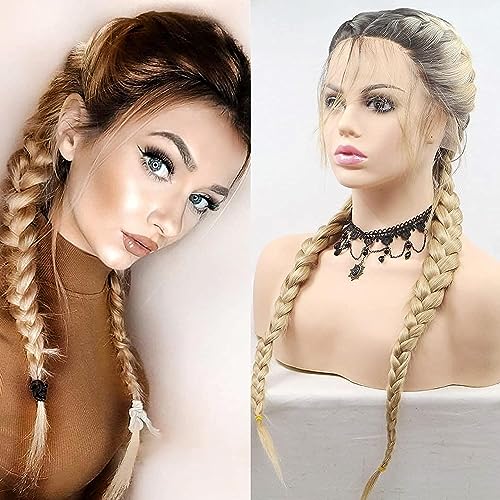 Perruque blonde double tressage résistante à la chaleur avec dentelle frontale