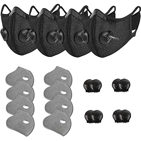 NUENUN 5 Pack Unisex Adjustable Reusable Washable Dust Protect Mouth Cover with 10 Carbon Filters and 10 Breathing Valves for Bicycle Running Riding Cycling Outdoor Sport Black Cover