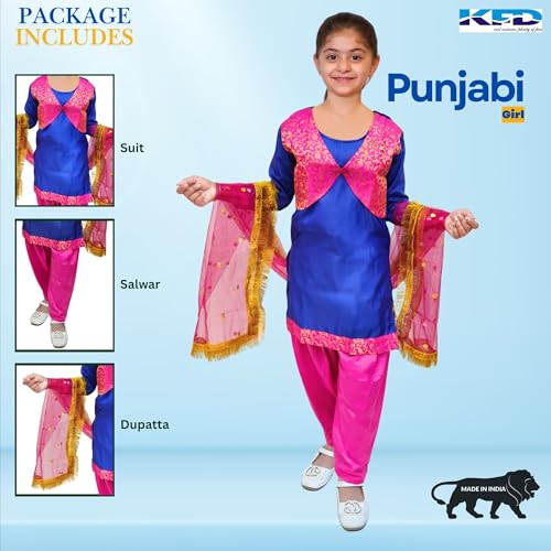 Image of Kaku Fancy Dresses Punjabi Girl Ethnic Costume for Kids - Blue & Magenta Salwar Suit Dress with Dupatta | Indian State Fancy Dress for Girls (3-4 Years)