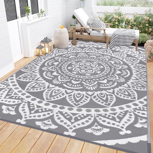 Bsmathom Waterproof Outdoor Rug 8'x10' Reversible Boho Plastic Straw Patio Deck Camping Rugs, Indoor Outdoor Portable RV Mat Clearance Carpet for Outside, Porch, Balcony, Backyard, Beach, Pool,Grey