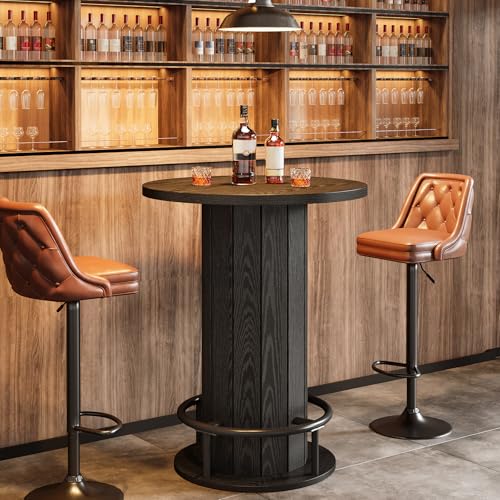 Image of Tribesigns Round Dining Table, Bar Height Commercial Kitchen Table with Wood Strip Base and Footrest, for Dining Room, Restaurant, Cafe, Bakery, Pub, Apartment, Black (Only Table)